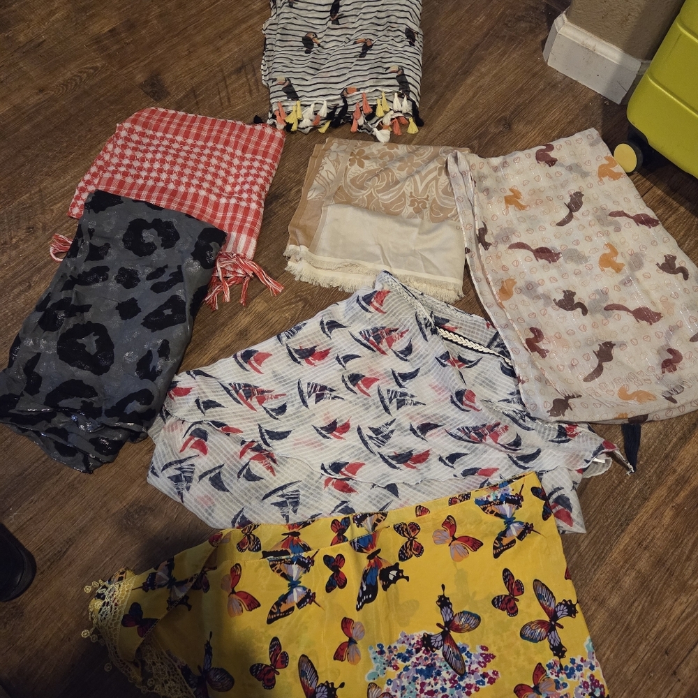 7 bundle scarf scarves butterflies squirrels boats parakeet animal print gingham